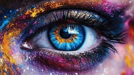 Detailed close-up of a colorful human eye featuring blue and orange hues, surrounded by vibrant face paint textures and patterns.