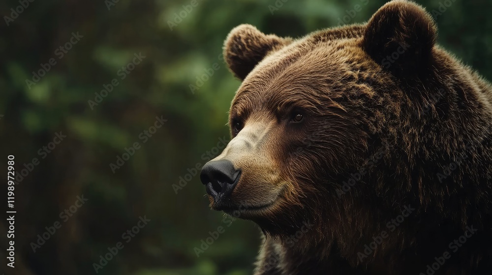 Poster close up portrait of majestic wild brown bear against a lush green forest background with soft focus