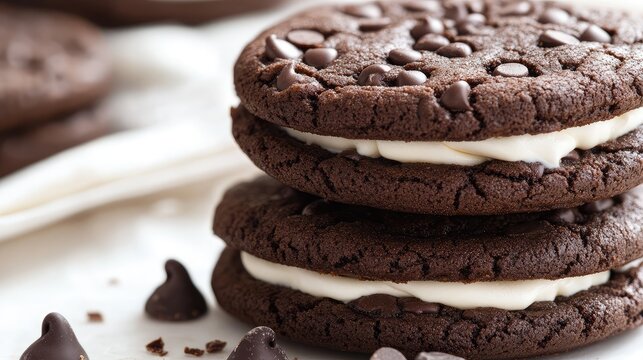 Close-up of gourmet chocolate cookies with cream filling and chocolate chips, ideal for dessert promotion or advertising material.