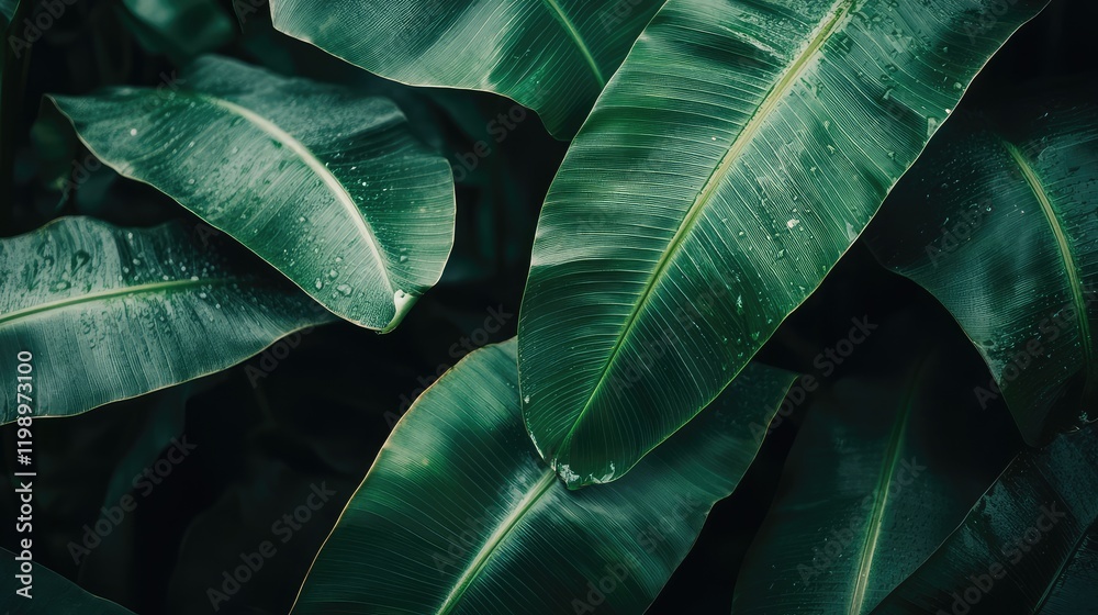 Poster close up of lush green banana leaves with water droplets against a dark background, providing ample 