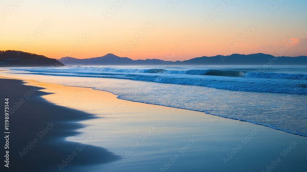 Poster serene ocean sunset over calm waves reflecting warm hues of orange and pink against a clear sky crea