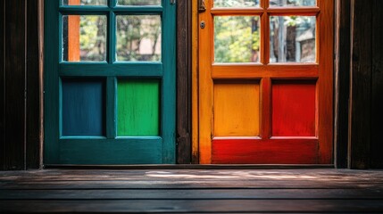 Vibrant close-up of multi-colored glazed doors in bright green and orange inviting daylight, with colorful photo props positioned effectively and ample empty space for text.