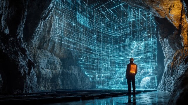 Futuristic 3D holographic visualization of resource and geophysical data analysis for advanced geological surveying mining and energy discovery
