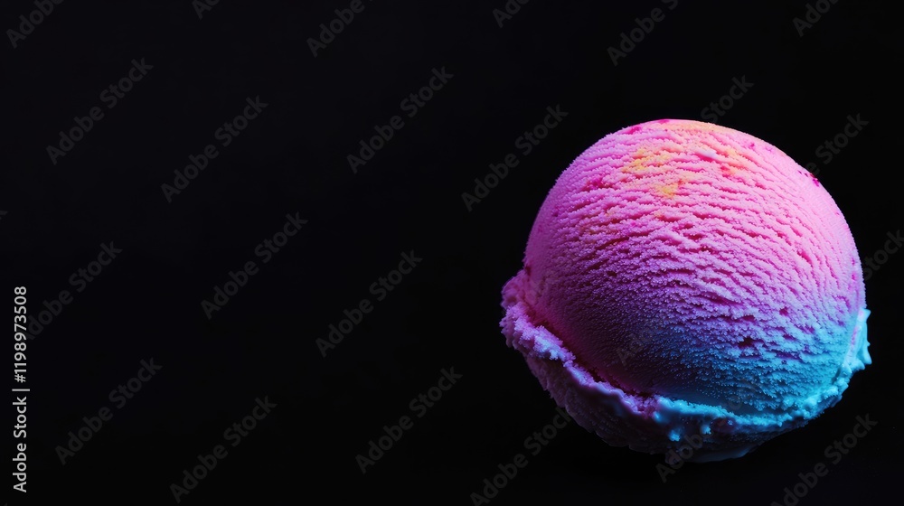 Poster vibrant pink and blue scoop of ice cream on a black background with ample empty space for creative t