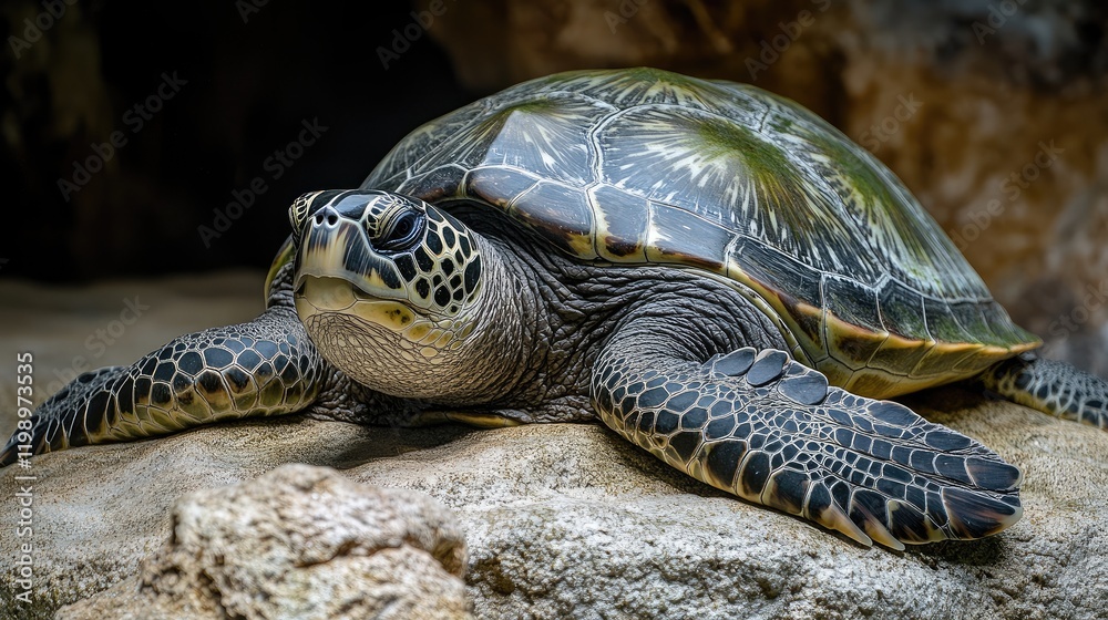 Aufkleber Close-Up of Green Sea Turtle on Rocky Surface in Aquatic Environment with Soft Focus Background and Empty Space for Text