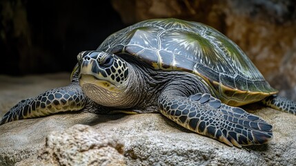 Obraz premium Close-Up of Green Sea Turtle on Rocky Surface in Aquatic Environment with Soft Focus Background and Empty Space for Text