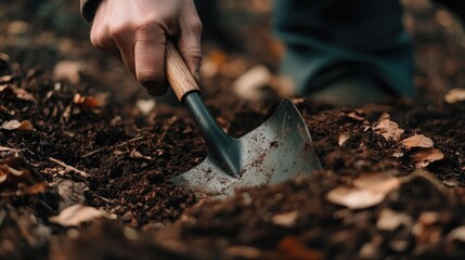Close up of a gardener's hand using a metal shovel in a spring woodland garden with rich brown mulch and textured soil, ideal for landscaping concepts and ideas.