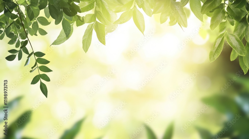 Aufkleber Close up of lush green fern leaves illuminated by sunlight with soft bokeh background and ample copy space for text in nature setting