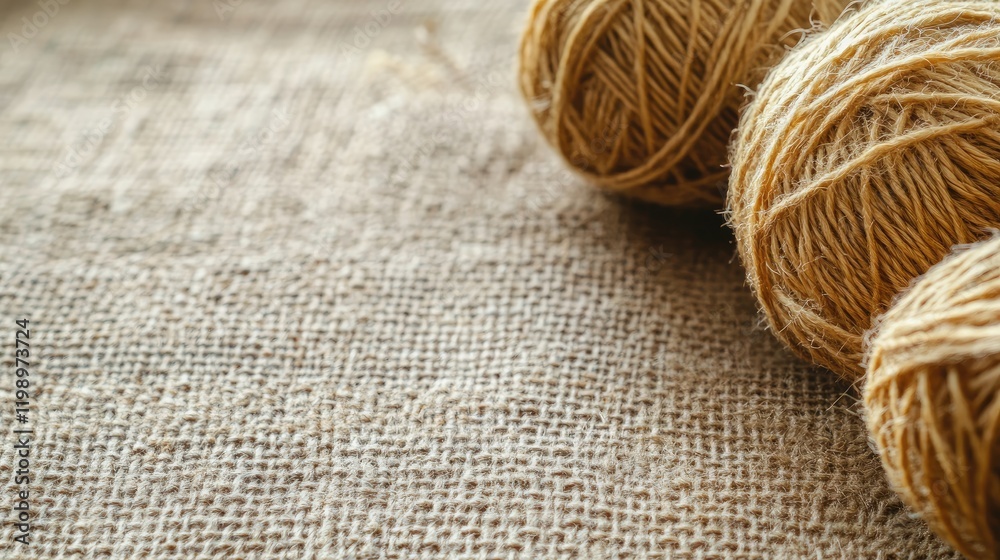 Aufkleber Handcrafted natural twine balls on textured burlap surface with soft natural lighting and ample negative space for creative text input