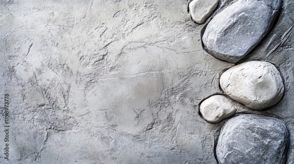 Aufkleber Grey round stones arranged on a textured grey cement wall background with empty space for text and subtle surface details in a top-down view.