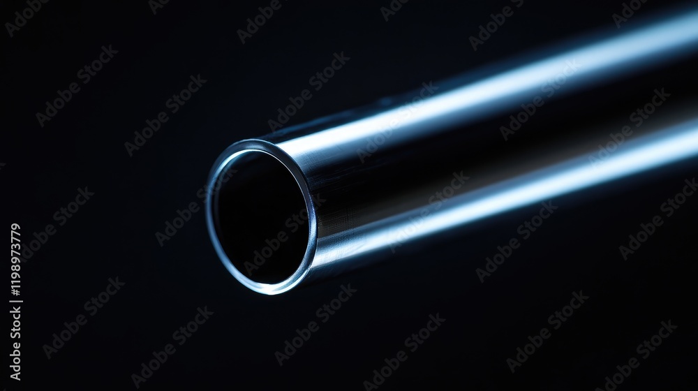 Poster close-up of metal gun barrel reflecting light with dark background and negative space for text compo