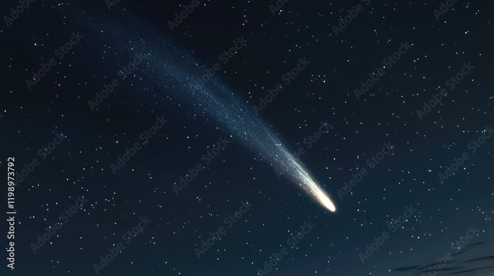 Poster close up illustration of a glowing comet in a deep blue starry night sky with vibrant auroras and am