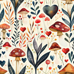 Fototapeta premium Whimsical watercolor pattern featuring colorful mushrooms and hearts