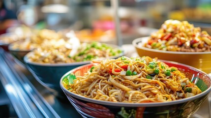 Vibrant close up of assorted noodle bowls showcasing colorful ingredients in a bustling food court environment with ample copy space for text