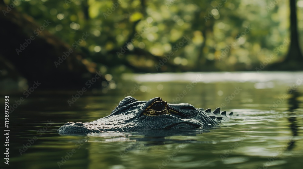 Poster Serene close-up of an alligator partially submerged in tranquil waters surrounded by vibrant lush forest shades with ample copy space for text