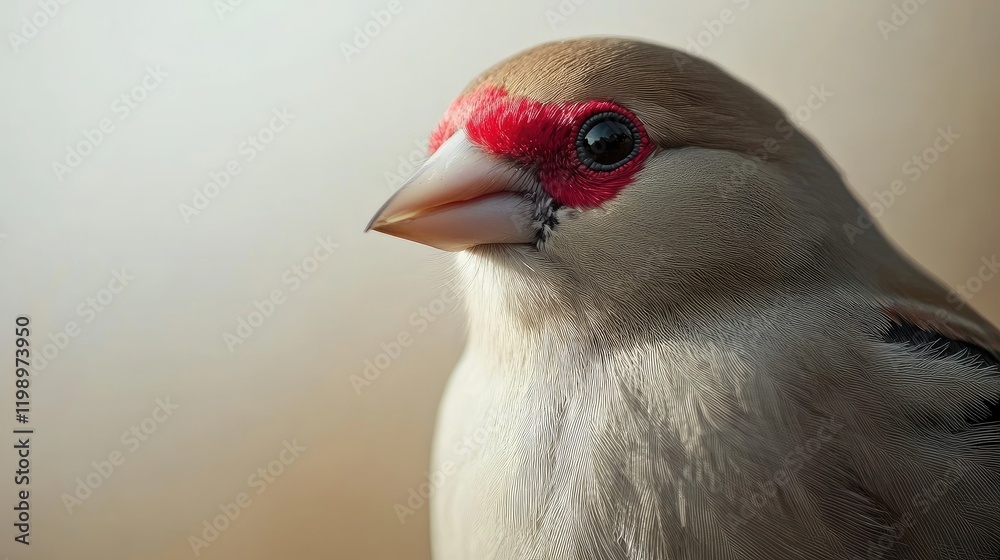 Aufkleber Detailed close-up portrait of a waxbill bird with soft beige and red colors in a natural habitat setting featuring a blurred background and ample copy space for text.