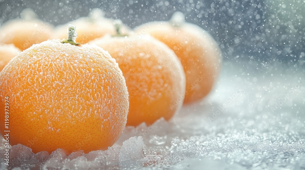 Aufkleber Frosted oranges arranged on a white and grey background with winter frost creating a cool ambiance, empty space for text, close-up perspective