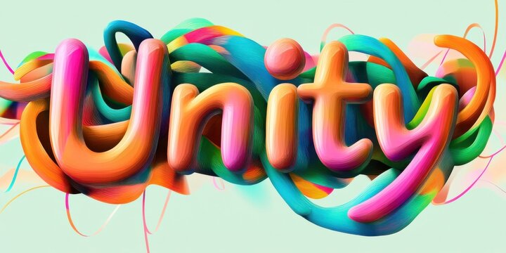 Bold typography spelling "Unity" with each letter filled in with a vibrant rainbow gradient, surrounded by soft abstract lines for emphasis