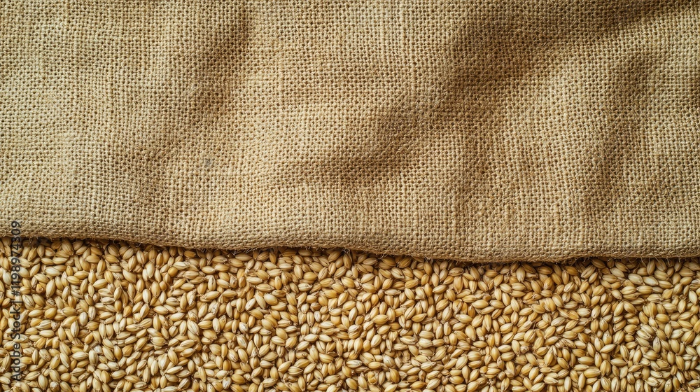 Poster Close up of golden barley grains spilling from a burlap sack on a textured beige background with ample copy space for text.