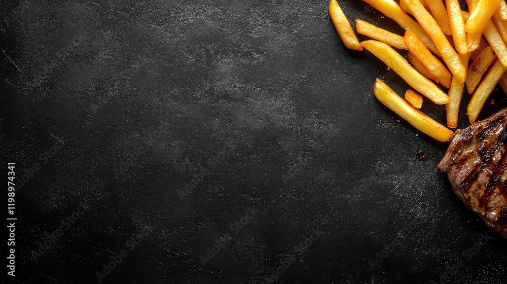 Poster Grilled beef steak with a side of golden French fries on a dark textured surface, featuring ample empty space for text.