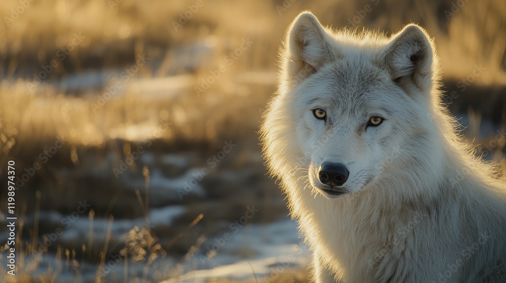 Poster close-up portrait of majestic white wolf in golden natural habitat with soft focus background and ab
