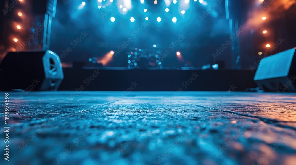 Poster close up view of an empty concert stage featuring blue and orange lighting effects with polished woo