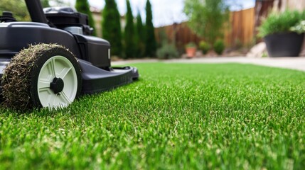 Close-up of vibrant green freshly cut lawn with a black lawn mower in a sunny backyard setting, featuring blurred garden plants and clear sky.