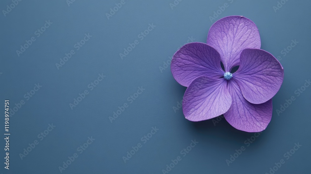 Poster Beautiful close-up of a vibrant purple flower in bloom on a muted blue background with ample empty space for text in a professional composition.