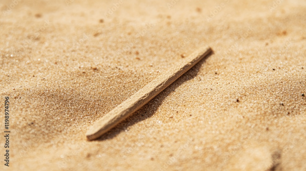 Aufkleber Close up of a wooden stick on golden sandy desert background with soft texture and ample empty space for text in warm sunlight.