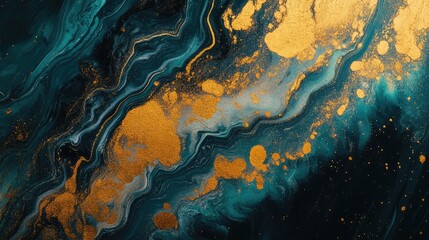 Fototapeta premium Close up of vibrant teal and gold metallic paint texture with abstract fluid patterns for artistic background and design with space for text