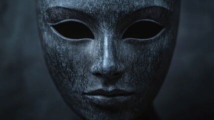 Dark gray abstract mask close up with empty space for text, set against a blurred dark background, emphasizing eerie facial features and texture.
