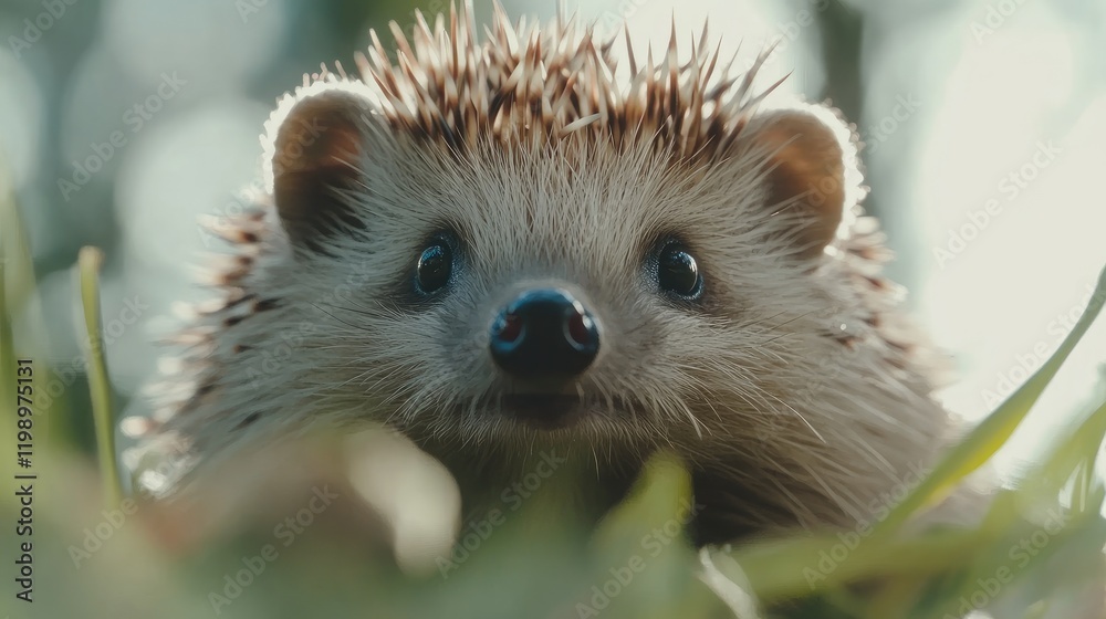 Poster close-up portrait of curious young hedgehog surrounded by green grass with soft natural lighting and