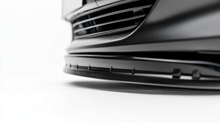 Detailed view of sleek black car bumper protection on white background featuring smooth lines and ample copy space for automotive design concepts.