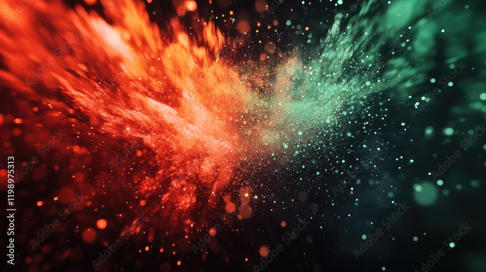 Wall mural vibrant close-up of a red and green fireball explosion at twilight with dynamic particles and dark b