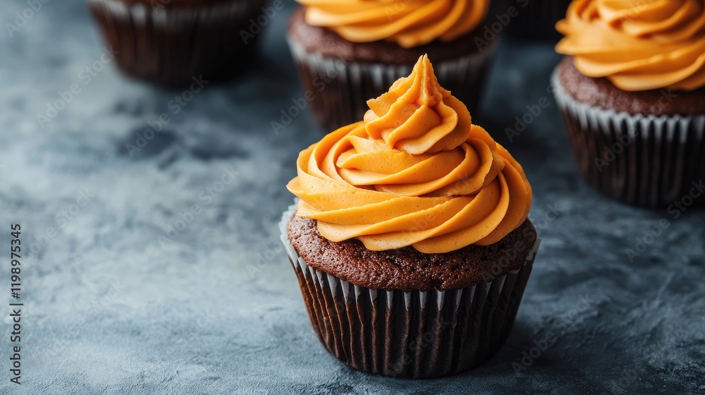Poster Close up of chocolate peanut butter fudge Halloween cupcake topped with vibrant orange icing on a textured gray background with empty space for text