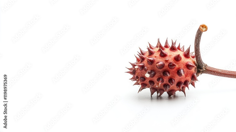 Aufkleber Close up of a spiky reddish castor bean against a white background emphasizing texture and detail with ample copy space for design elements.
