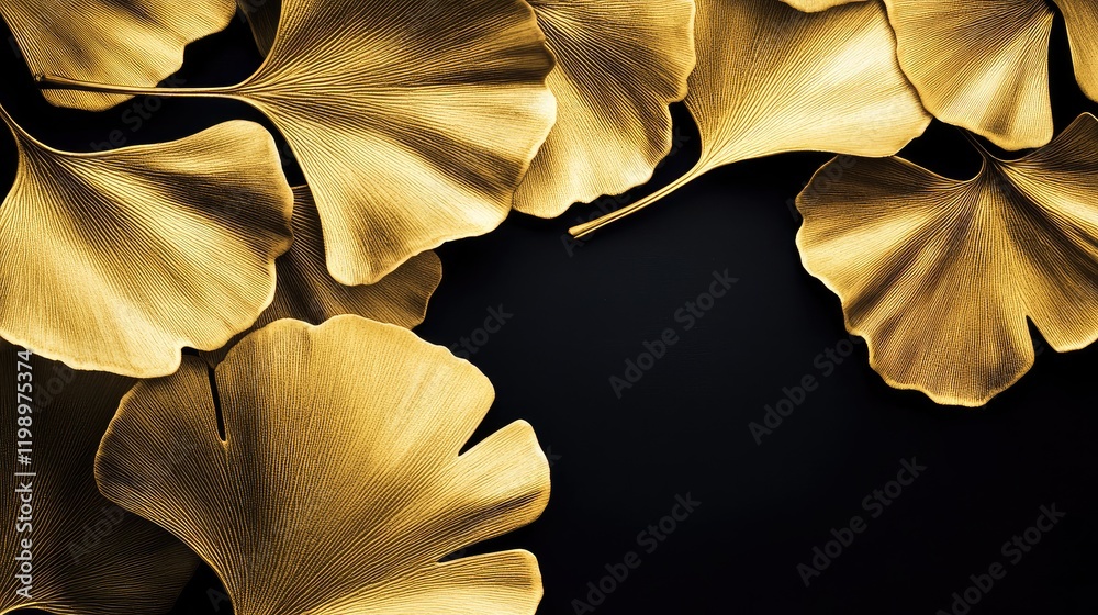 Poster Detailed close-up of vibrant golden Ginkgo tree leaves arranged organically on a dark black background with ample negative space for text insertion.