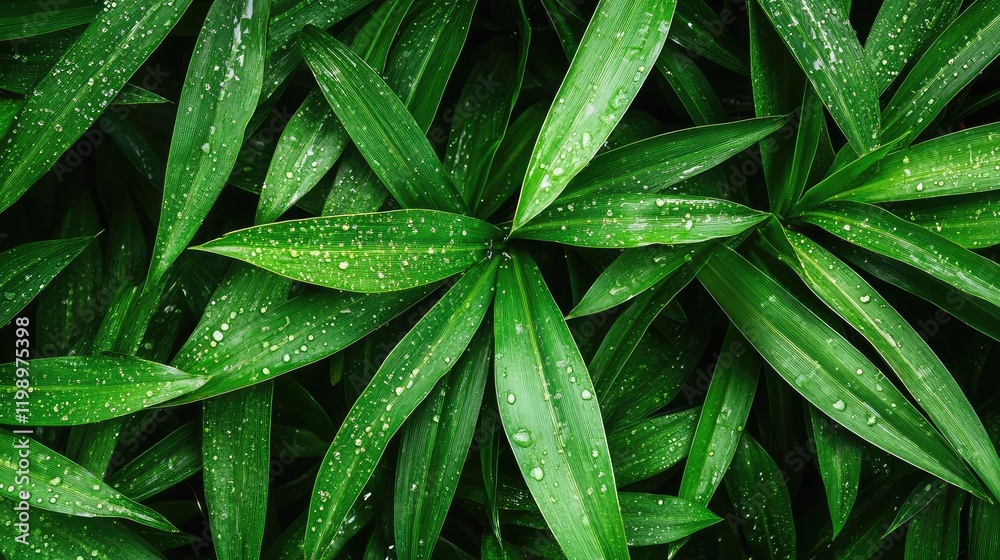 Poster Green leaves with dew drops on a blurred background creating empty copy space for text in a natural setting close-up view.
