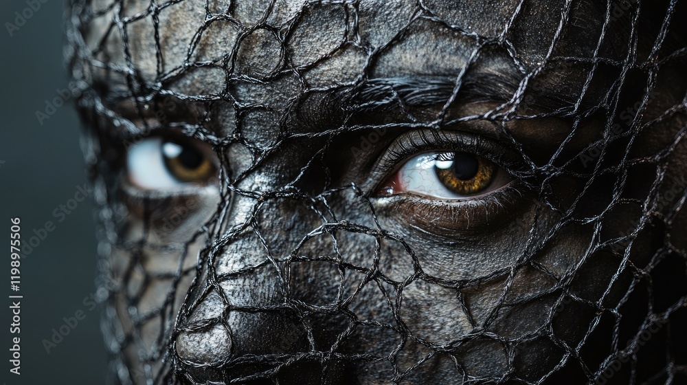 Aufkleber Close Up Portrait of Individual with Brown Eyes Covered in Metallic Mesh Wire on Dark Background with Empty Space for Text Elements