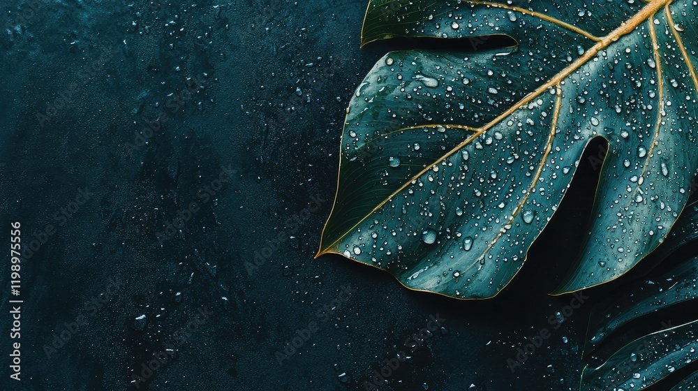 Poster Close Up Portrait of Green Leaf with Water Droplets Against Dark Background Featuring Moisture Texture and Empty Space for Text