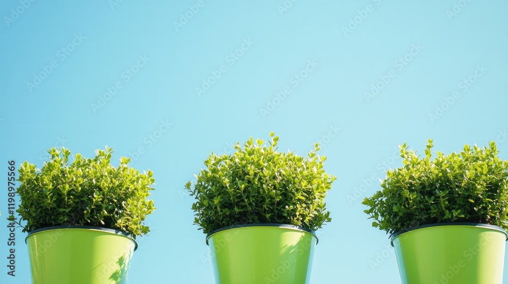 Poster green planters with lush greenery on a bright day outdoors against a clear blue sky providing ample 