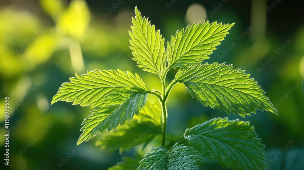 Poster close up of vibrant green leaves against a blurred green background with empty copy space for text i