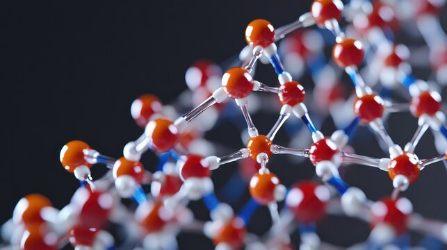 Close up view of a vibrant DNA molecule with red and blue atoms on a dark background with ample empty space for scientific text overlay