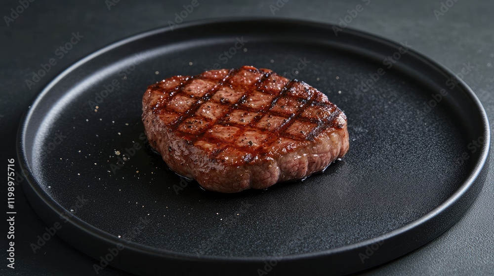 Poster Grilled steak on a black plate with a smooth finish, focus on texture and grill marks, set against a dark background with ample space for text.