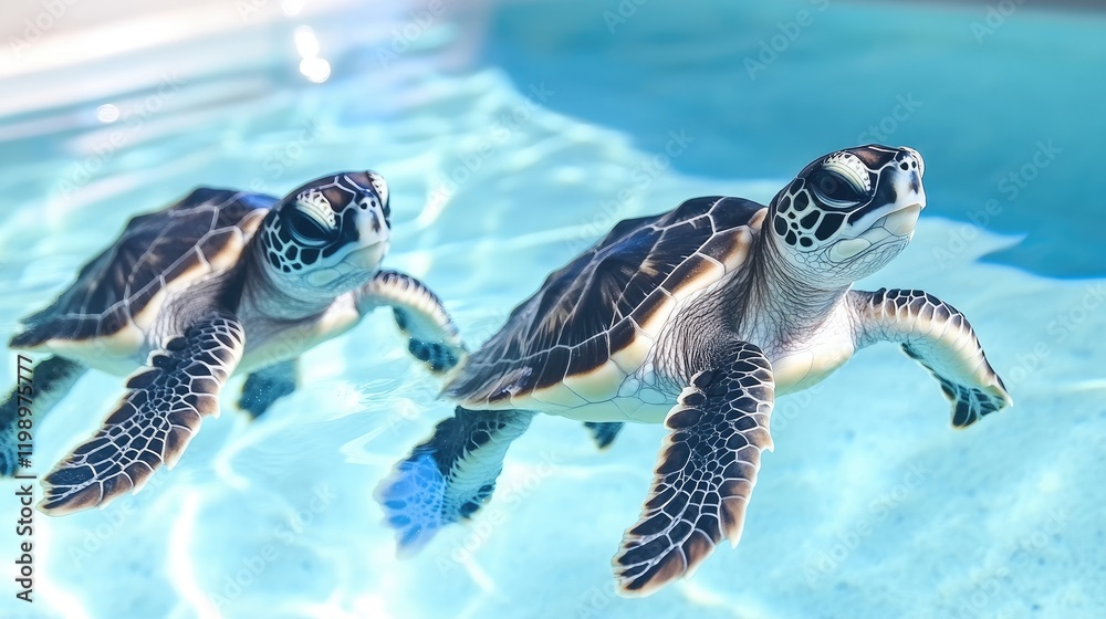 Poster close-up view of two baby sea turtles gracefully swimming in vibrant clear blue water with sun rays 