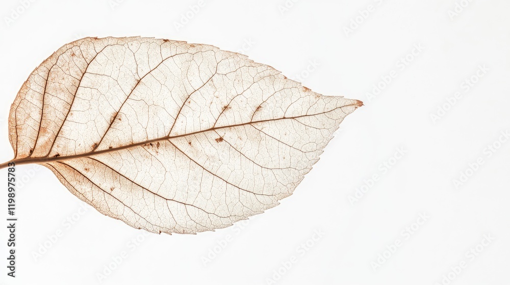 Poster Macro photograph of a delicate brown leaf with intricate vein patterns against a clean white background, ideal for eco-themed design and text placement.
