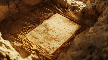 Ancient Stone Tablet in Desert Niche: A Golden Hour Enigma
