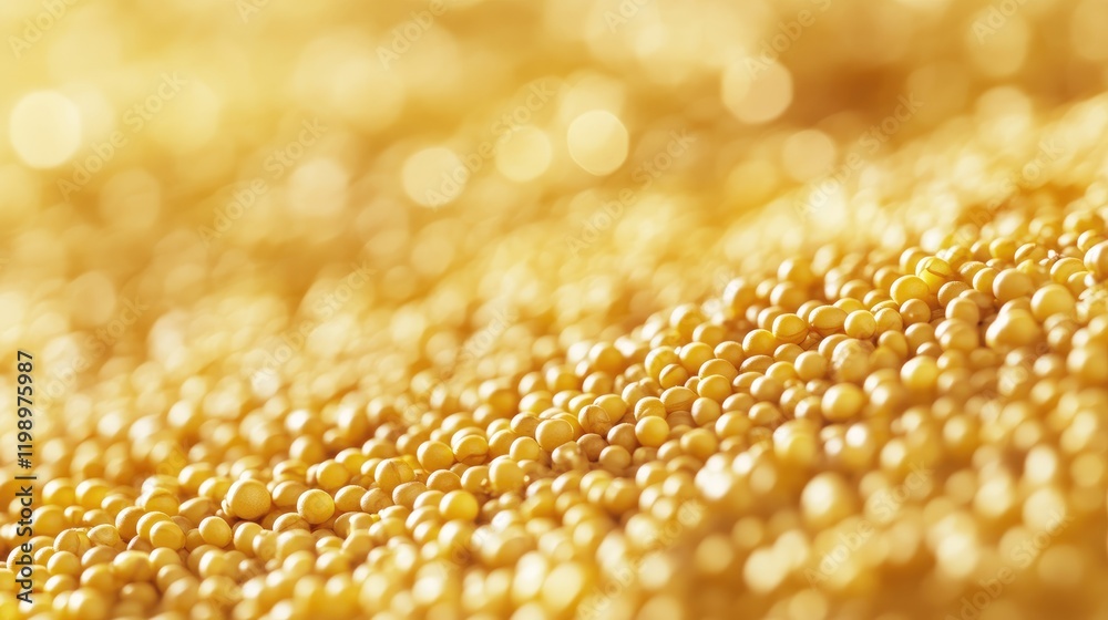 Aufkleber Close-up of vibrant golden mustard seeds on a textured surface with a softly blurred yellow background providing ample space for text and design elements.