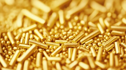 Golden sprinkles texture background with empty space for customization and text overlay.