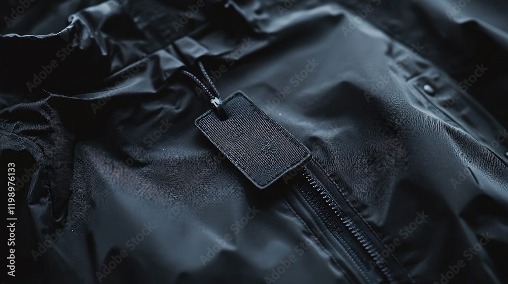 Aufkleber Textured black nanofabric garment close up featuring a sleek weatherproof label with ample empty copy space for customization in a modern fashion setting